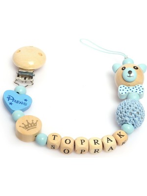 Sahi Aksesuar Isimli Emzik Zinciri Mavi Ahşak Boncuklu Bebek Hediyesi El Yapımı Tasarım