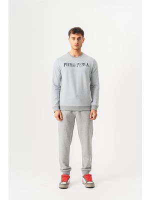 Piero Perla Bisiklet Yaka Jaguar Desen Flok Baskılı Regular Fit Gri Melanj Sweatshirt