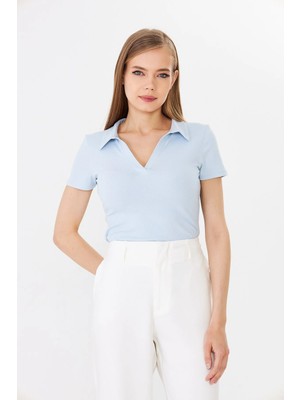 Hdm Kadın Mavi Polo Yaka Fitilli Günlük Bluz - H6038