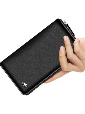 Bison Denim Hakiki Deri Fermuarlı Uzun Cüzdan Erkekler İçin Lüks Kartlık ve Bozuk Para Bölmesi