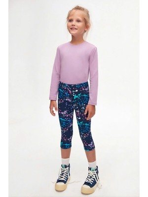 Koyu Lacivert Spray Colors Kız Çocuk Yazlık Desenli Diz Altı Tayt Kapri