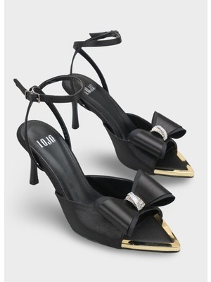 LOJO Kadın Sivri Burun Gold Detaylı Fiyonk Tokalı Günlük Topuklu Topuklu Ayakkabı Andres Siyah Saten