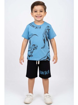 Riccotarz Erkek Çocuk Üzeri Kara Kalem Dinazor Çizimli Dinosaur Baskılı Şortlu Takım