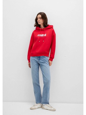 Mavi Kadın Kırmızı Oversize Kapüşonlu Sweatshirt Günlük Stil Grafik Desen ile Şık