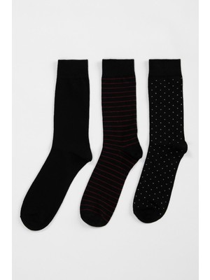 Defacto Erkek Soket Çorap 3'Lü Yumuşak Pamuklu Siyah Desenli Rahat Kalıp
