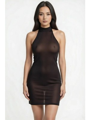 Hafif Giyim Fantezi Seksi Transparan Halter Yaka Mini Elbise HF060782