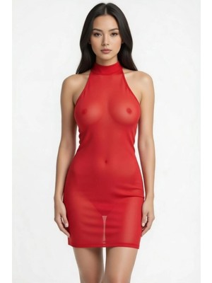 Hafif Giyim Fantezi Seksi Transparan Halter Yaka Mini Elbise HF060782