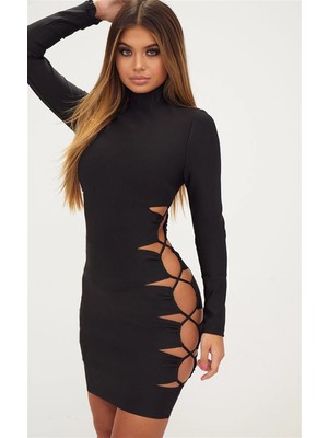 Hafif Giyim Siyah Fantezi Seksi Yandan Dekolteli Mini Elbise HF101444