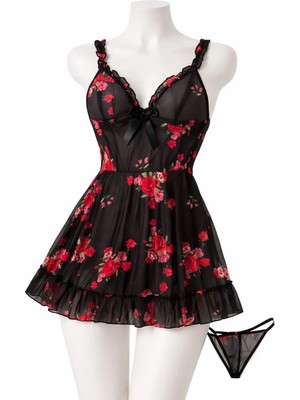 albonse Kadın Fantazi Iç Giyim Takımı Transparan Siyah Babydoll String Set