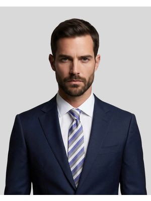 1001 Kravat Beyaz Çizgili 7,5 cm Genişliğinde Ipek Kravat