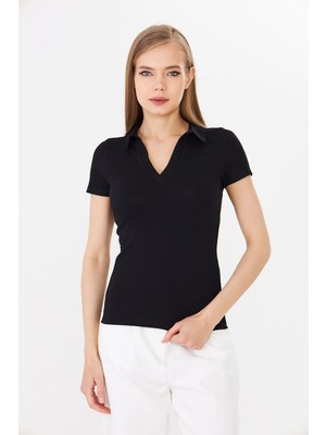 Hdm Kadın Siyah Polo Yaka Fitilli Günlük Bluz - H6038