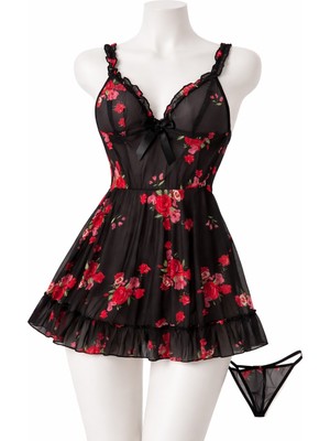albonse Siyah Kırmızı Gül Desenli Transparan Fantezi Gecelik Takımı