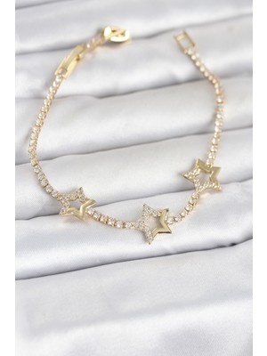 Pileli Store Pirinç Gold Renk Yıldız Model Zirkon Taşlı Su Yolu Kadın Bileklik