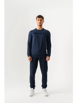 Piero Perla Bisiklet Yaka Jaguar Desen Flok Baskılı Regular Fit Lacivert Sweatshirt