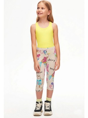 Bej Chirping Animals Kız Çocuk Desenli Diz Altı Tayt Kapri