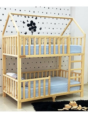 MiniWood Montessori Yatak Çatılı Ahşap Ranza 90 x 190 cm Çam Malzemeden Dayanıklı Tasarım