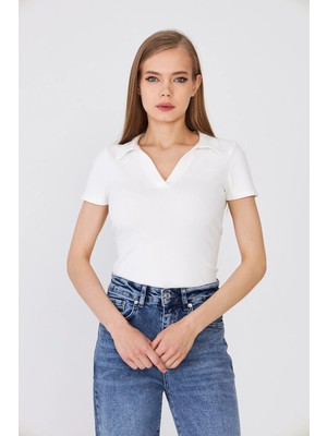 Hdm Kadın Ekru Polo Yaka Fitilli Günlük Bluz - H6038