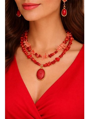 Kırmızı Mercan Doğaltaş Uçlu Kırmızı Somon Mercan Doğaltaş Tasarım Ikili Kolye