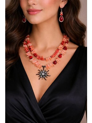 Zirkon Taşlı Güneş Kırmızı Somon Mercan Doğaltaş ve Hematit Doğaltaş Tasarım Ikili Kolye