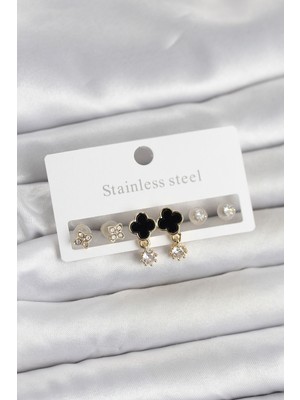 Pileli Store 316L Çelik Gold Renk Yonca Detaylı Kadın Küpe Seti