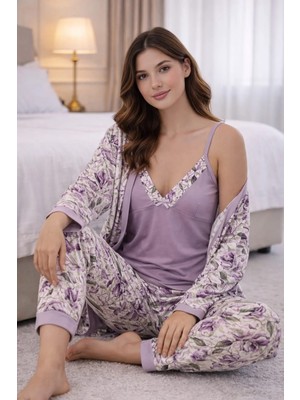 Pemilo Kadın 3346 3'lü Viscon Sabahlık Pijama Takımı