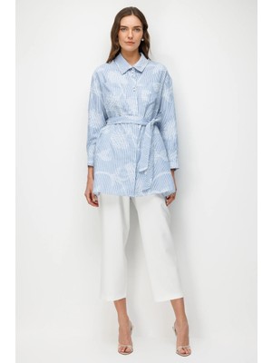 Accort Kuşak Detay Nakışlı Tunik Gömlek-Mavi