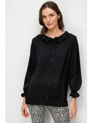 Accort Mat Saten Uzun Gömlek-Siyah