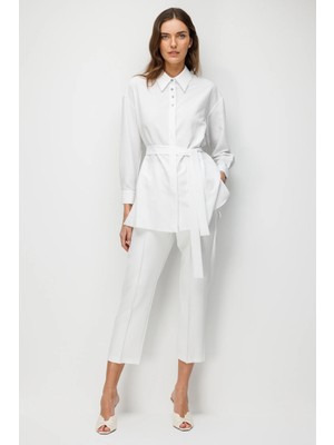 Accort Kuşak Detaylı Tunik Gömlek-Beyaz/mavi