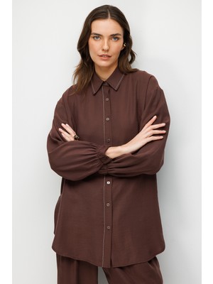 Accort Metal Şerit Detaylı Cupra Tunik Gömlek-KAHVE