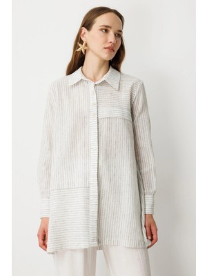 Accort Çizgili Pamuk Keten Gömlek-Mınt