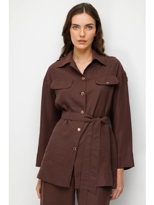 Accort Kuşaklı Cupra Tunik Gömlek-KAHVE