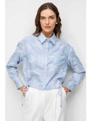 Accort Broş Detaylı Çizgili Gömlek-MAVİ