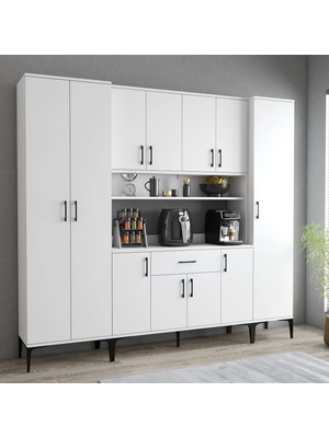 Tanmob MDL0701 Alt Üst Üç Kapılı Çok Amaçlı Dolap 8 Kapaklı Çekmeceli Raflı Beyaz