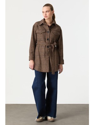 Accort Kuşak Detaylı Ekose Ceket-Taba