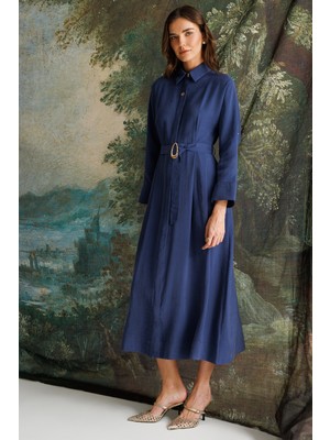 Accort Kemer Detaylı Modal Elbise-Indigo