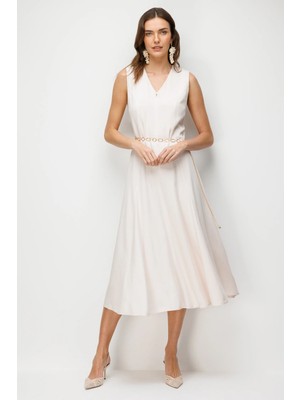 Accort Kemer Detaylı Uzun Elbise-Pudra