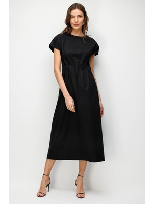 Accort Beli Gizli Lastikli Uzun Elbise-Siyah