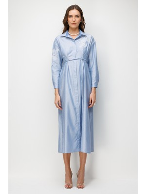 Accort Sim Çizgili Düğmeli Elbise-Mavi