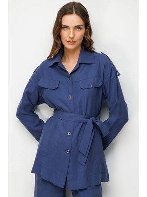 Accort Kuşaklı Cupra Tunik Gömlek-İNDİGO