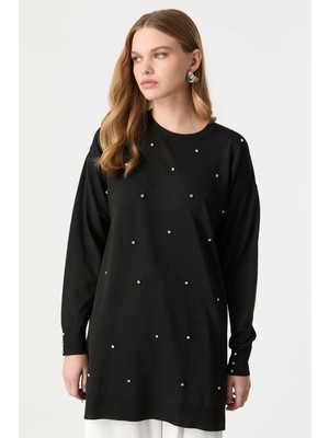 Accort Taş Detaylı Triko Tunik Kazak-Siyah