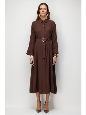 Accort Kemer Detaylı Modal Elbise-Kahve