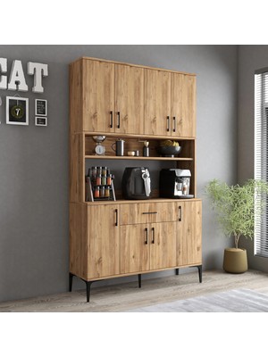 Tanmob MDL0402 Alt Üst Çok Amaçlı Dolap 8 Kapaklı Çekmeceli Raflı Mutfak Dolabı Çam