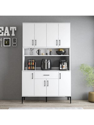 Tanmob MDL0401 Alt Üst Çok Amaçlı Dolap 8 Kapaklı Çekmeceli Raflı Mutfak Dolabı Beyaz