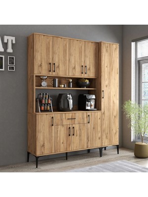 Tanmob MDL0502 Alt Üst Tek Kapılı Çok Amaçlı Dolap 8 Kapaklı Çekmeceli Raflı Çam