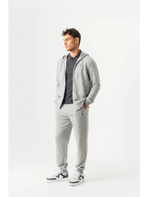 Piero Perla Kapüşonlu Regular Fit Önü Fermuarlı Gri Melanj Hırka