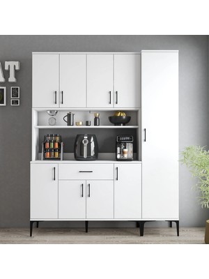 Tanmob MDL0501 Alt Üst Tek Kapılı Çok Amaçlı Dolap 8 Kapaklı Çekmeceli Raflı Beyaz