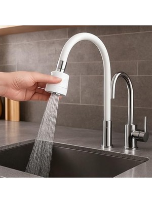 Teknocan Marketing Beyaz Esnek Musluk Başlığı – 360° Döner, 2 Kademeli Su Akış Ayarlı, Her Musluğa Uyumlu, Su Tasarruflu Mutfak Aparatı
