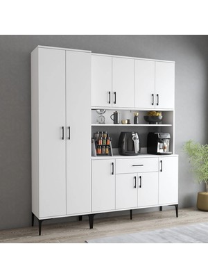 Tanmob MDL0601 Alt Üst Çift Kapılı Çok Amaçlı Dolap 8 Kapaklı Çekmeceli Raflı Beyaz