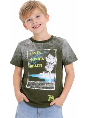 Alg Erkek Çocuk Santa Yazılı Nakışlı Haki Renk Kısa Kol Tişört