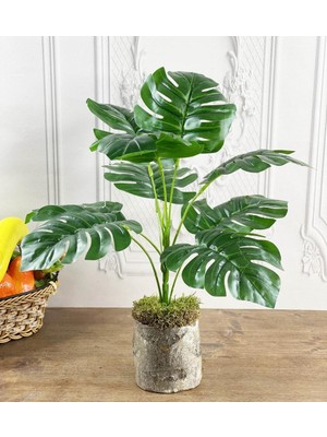 Nettenevime Yapay Çiçek Monstera 9 Dal Kütük Saksılı Plastik Dekoratif Süs Çiçeği Gerçekçi Görünüm